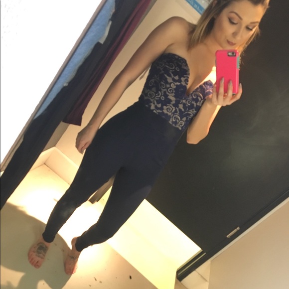 Charlotte Russe Pants - Navy Blue Strapless Jumpsuit